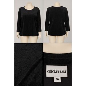 Cricket Lane‎ Shirt Top 2X Black Velvet Sparkle Festive Chic Holiday Dressy Glam